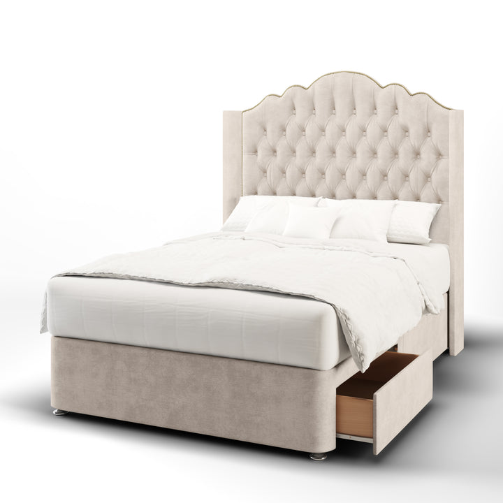 Amelia Chesterfield Fabric Upholstered Straight Winged Headboard with Divan Bed Base & Mattress
