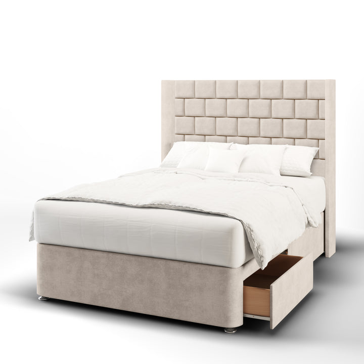 Cubed Fabric Upholstered Straight Winged Headboard with Divan Bed Base & Mattress