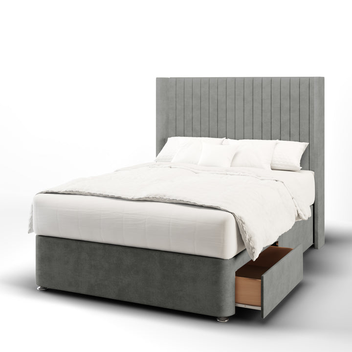 Fluted  Fabric Upholstered Straight Winged Headboard with Divan Bed Base & Mattress