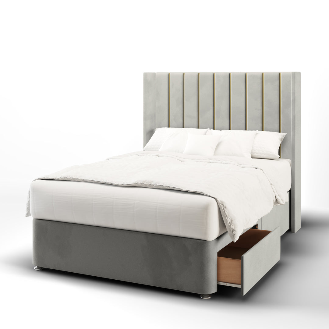 Vertical Panels Gold Strips Fabric Upholstered Straight Winged Headboard with Divan Bed Base & Mattress