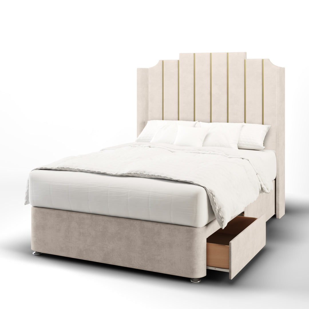 Art Deco Gold Strips Fabric Upholstered Straight Winged Headboard with Divan Bed Base & Mattress