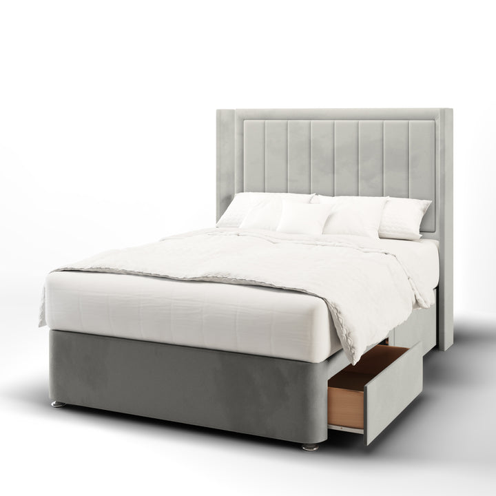 Vertical Panels Border Fabric Upholstered Straight Winged Headboard with Divan Bed Base & Mattress