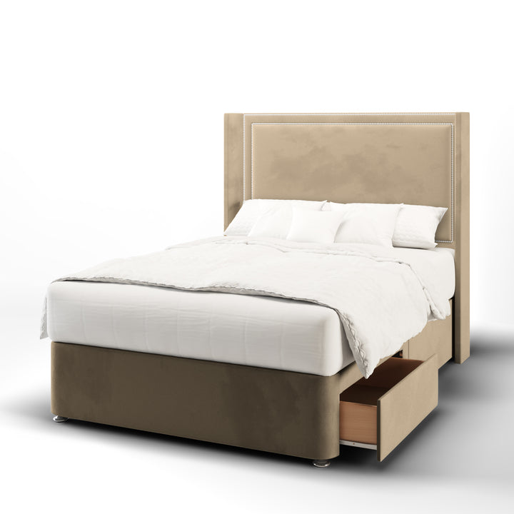 Plain Studded Border Fabric Upholstered Straight Winged Headboard with Divan Bed Base & Mattress