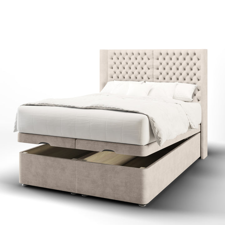 2 Panel Chesterfield Fabric Upholstered Straight Winged Headboard with Ottoman Storage Bed Base & Mattress