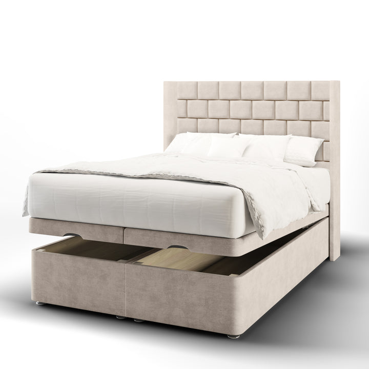 Cubed Fabric Upholstered Straight Winged Headboard with Ottoman Storage Bed Base & Mattress