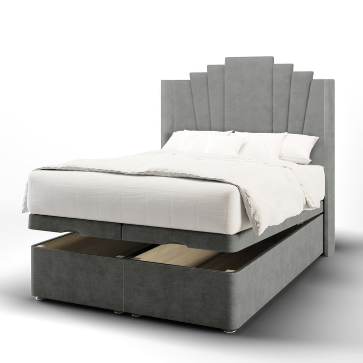Gatsby Fabric Upholstered Straight Winged Headboard with Ottoman Storage Bed Base & Mattress
