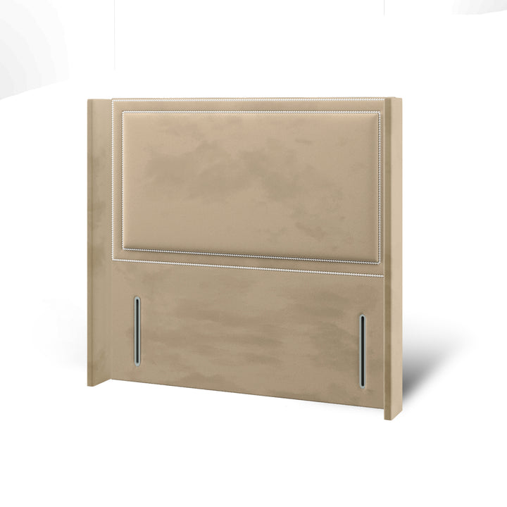 Plain Studded Border Fabric Upholstered Straight Winged Headboard with Divan Bed Base & Mattress