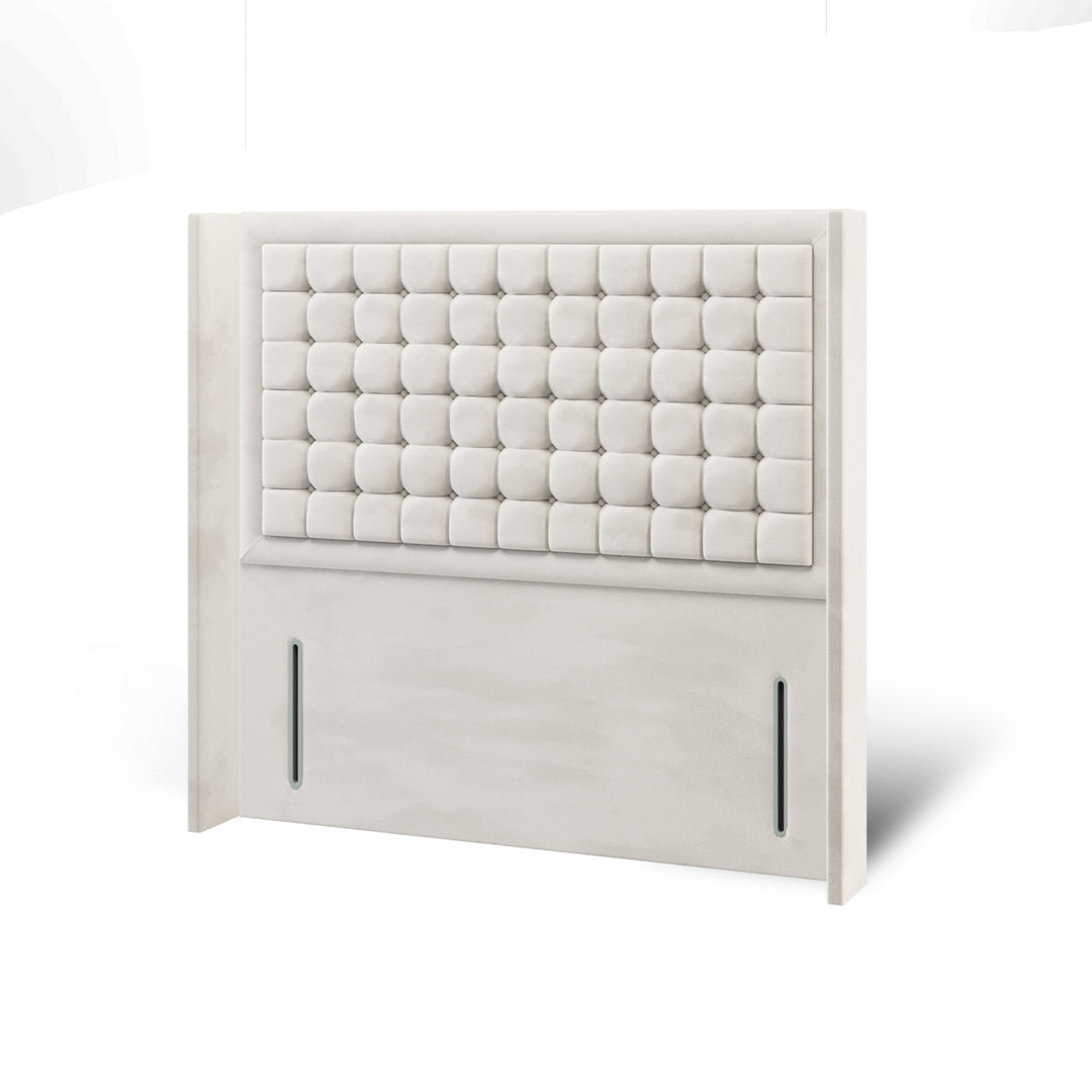 Cubic Small Buttoned Border Fabric Upholstered Straight Winged Headboard with Ottoman Storage Bed Base & Mattress