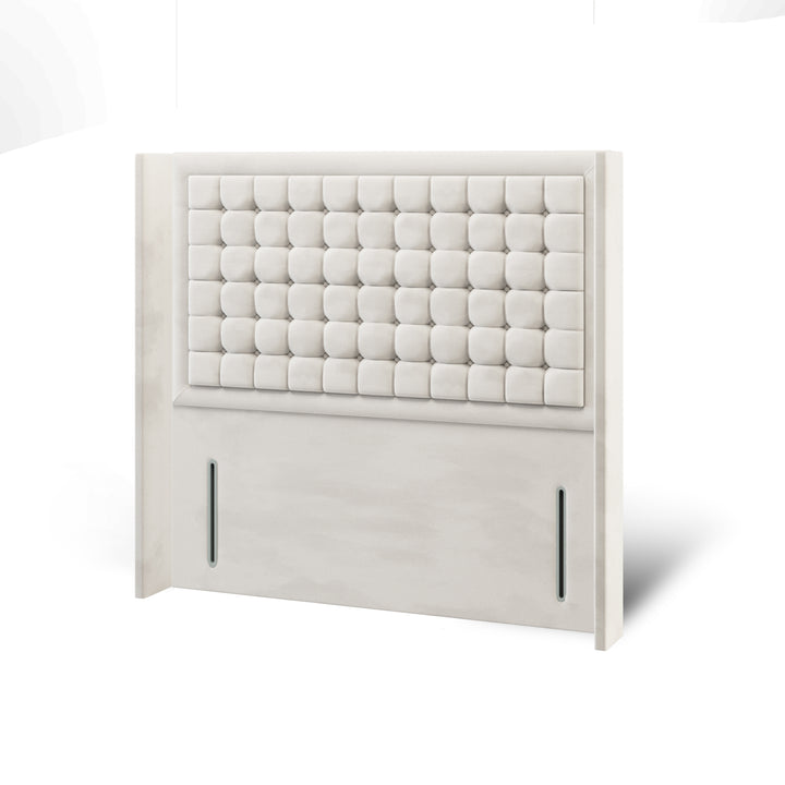 Cubic Small Buttoned Border Fabric Upholstered Straight Winged Headboard with Ottoman Storage Bed Base & Mattress