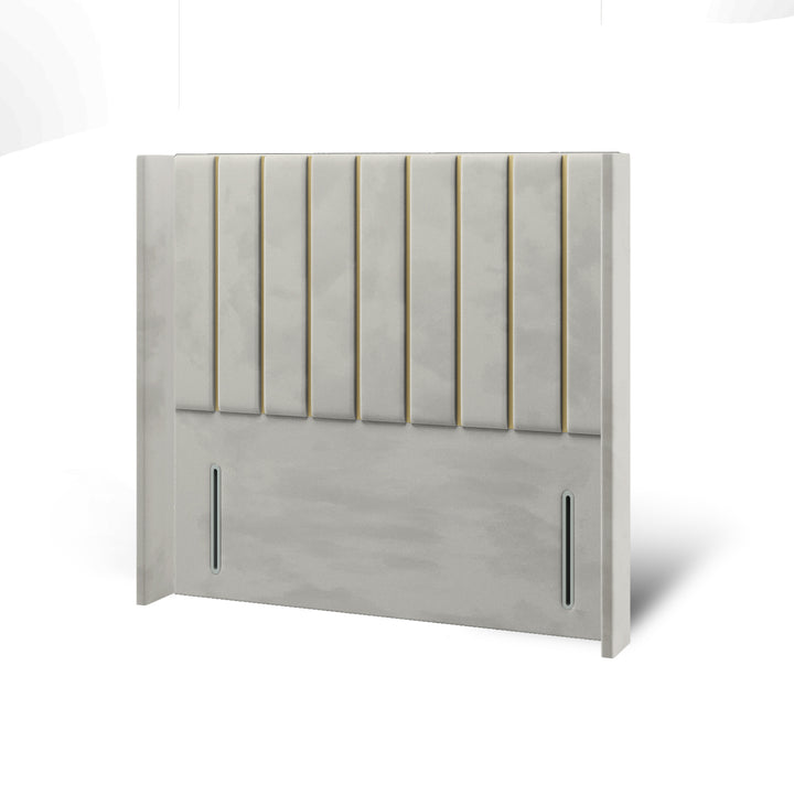 Vertical Panels Gold Strips Fabric Upholstered Straight Winged Headboard with Divan Bed Base & Mattress