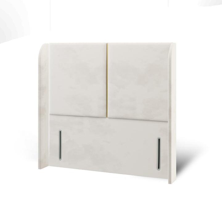 2 Panel Gold Strip Fabric Upholstered Top Curve Winged Headboard with Ottoman Storage Bed Base & Mattress