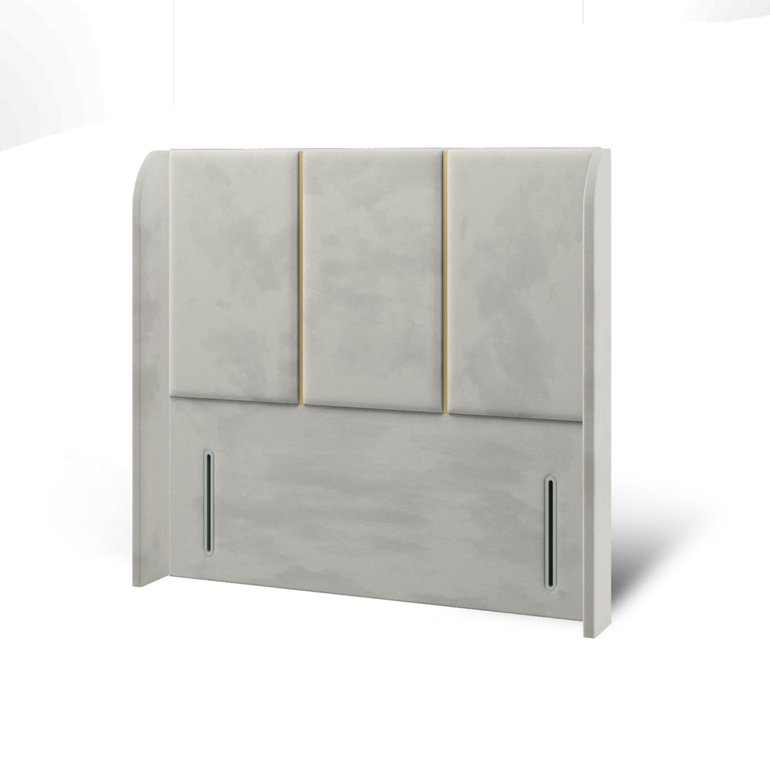 3 Panel Gold Strip Fabric Upholstered Top Curve Winged Headboard with Ottoman Storage Bed Base & Mattress