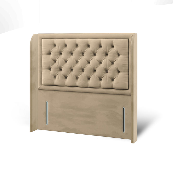 Chesterfield Border Fabric Upholstered Top Curve Winged Headboard with Divan Bed Base & Mattress