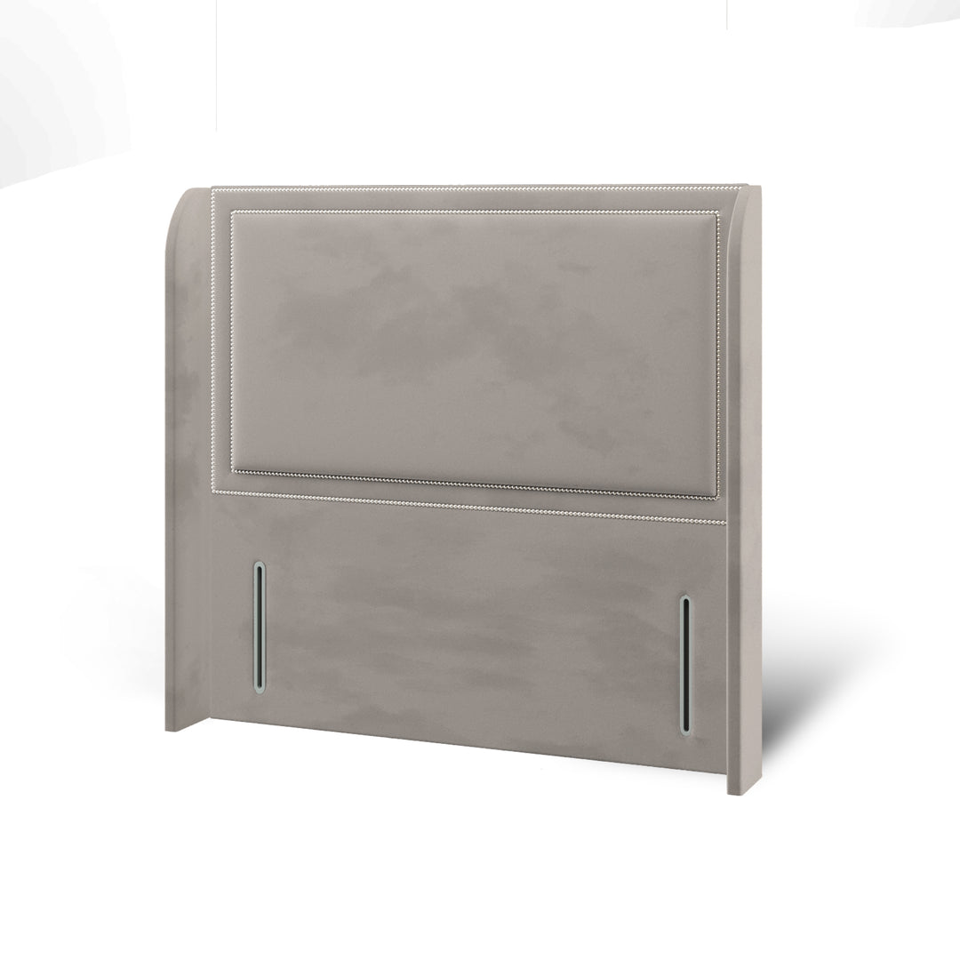 Plain Studded Border Fabric Upholstered Top Curve Winged Headboard with Divan Bed Base & Mattress