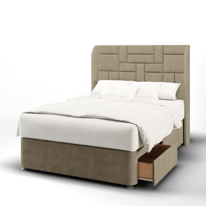 Multi Panels Fabric Upholstered Top Curve Winged Headboard with Divan Bed Base & Mattress