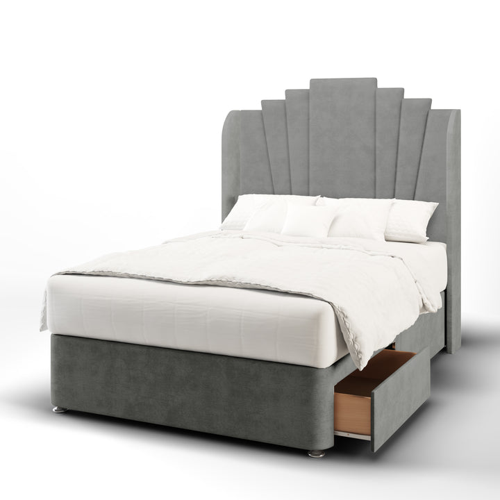 Gatsby Fabric Upholstered Top Curve Winged Headboard with Divan Bed Base & Mattress