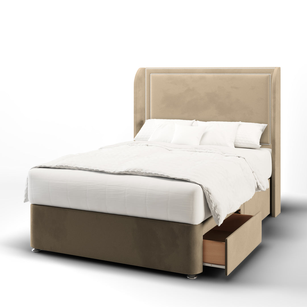 Plain Studded Border Fabric Upholstered Top Curve Winged Headboard with Divan Bed Base & Mattress