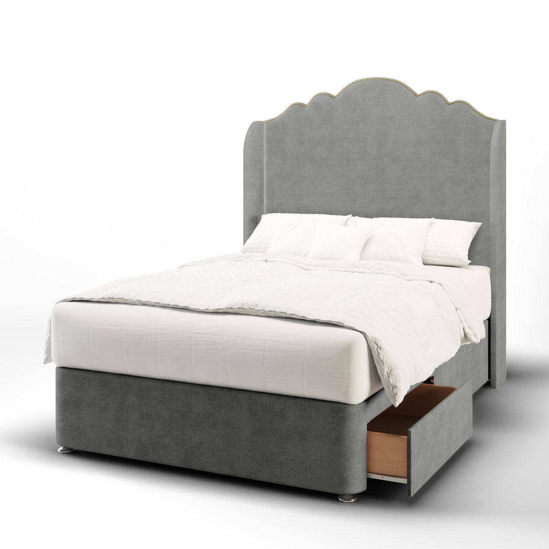 Amelia Fabric Upholstered Top Curve Winged Headboard with Divan Bed Base & Mattress