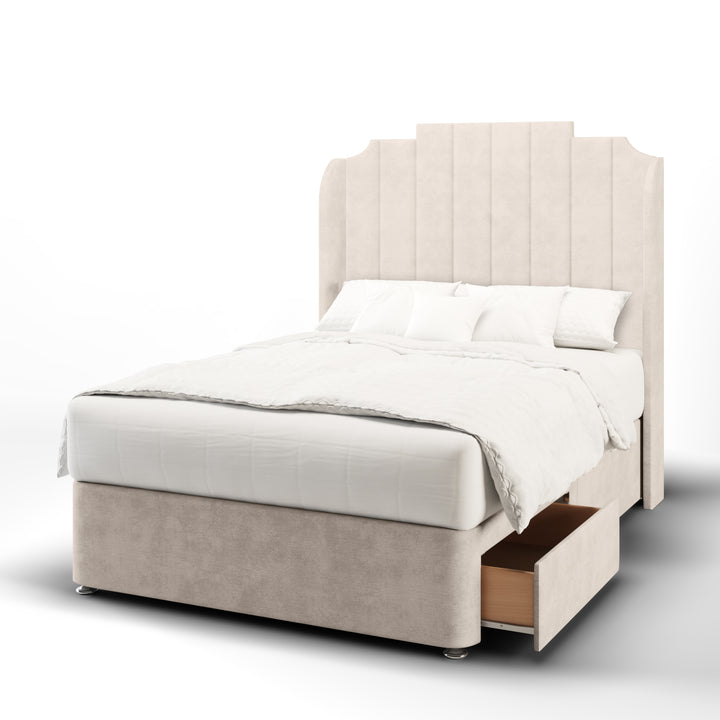 Art Deco Fabric Upholstered Top Curve Winged Headboard with Divan Bed Base & Mattress