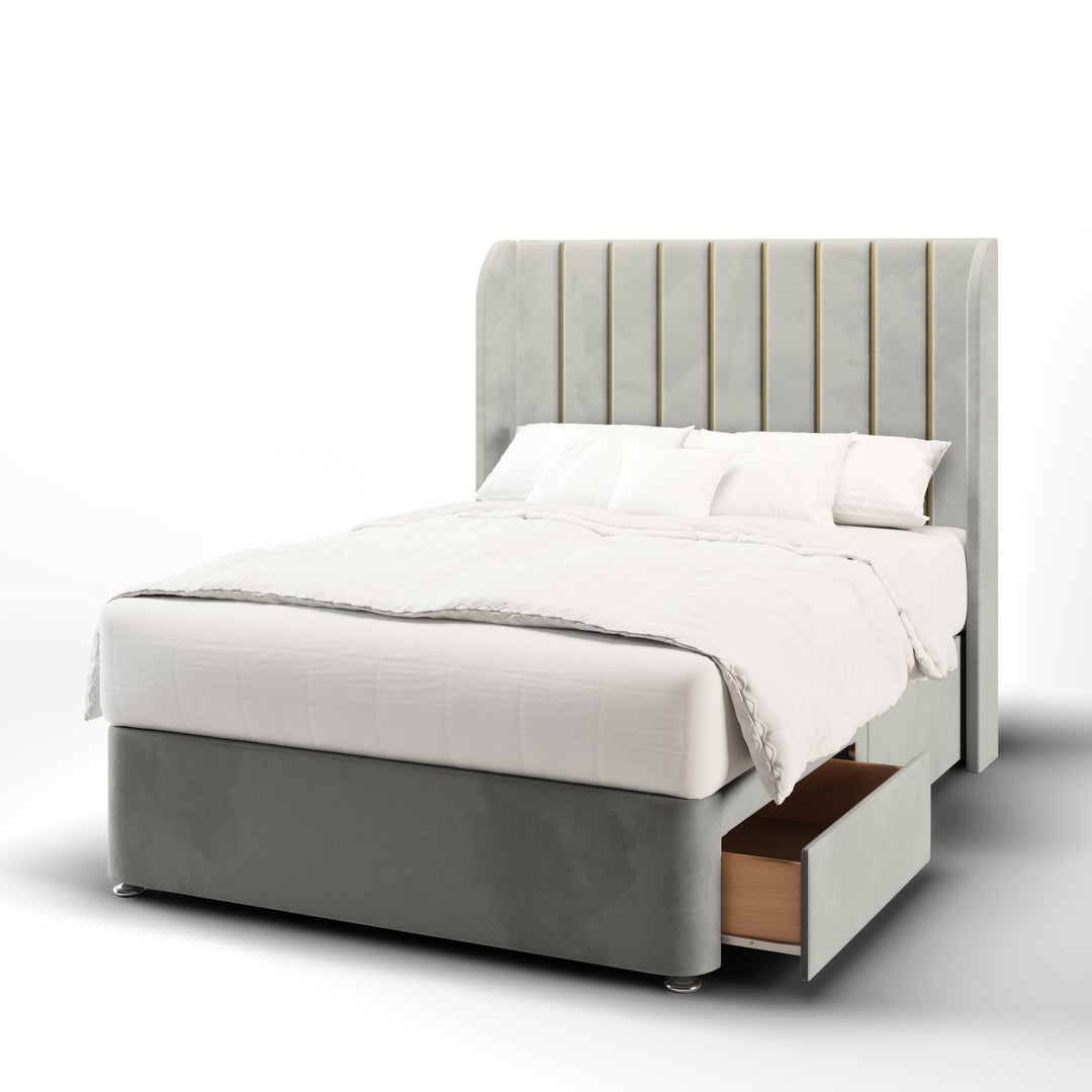 Vertical Panels Gold Strips Fabric Upholstered Top Curve Winged Headboard with Divan Bed Base & Mattress