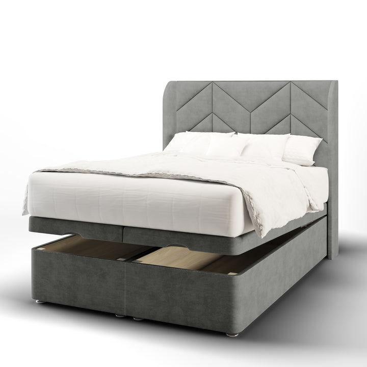 Chevron Incline Fabric Upholstered Top Curve Winged Headboard with Ottoman Storage Bed Base & Mattress