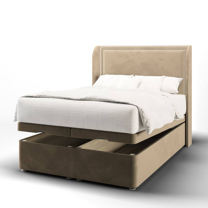 Plain Studded Border Fabric Upholstered Top Curve Winged Headboard with Ottoman Storage Bed Base & Mattress