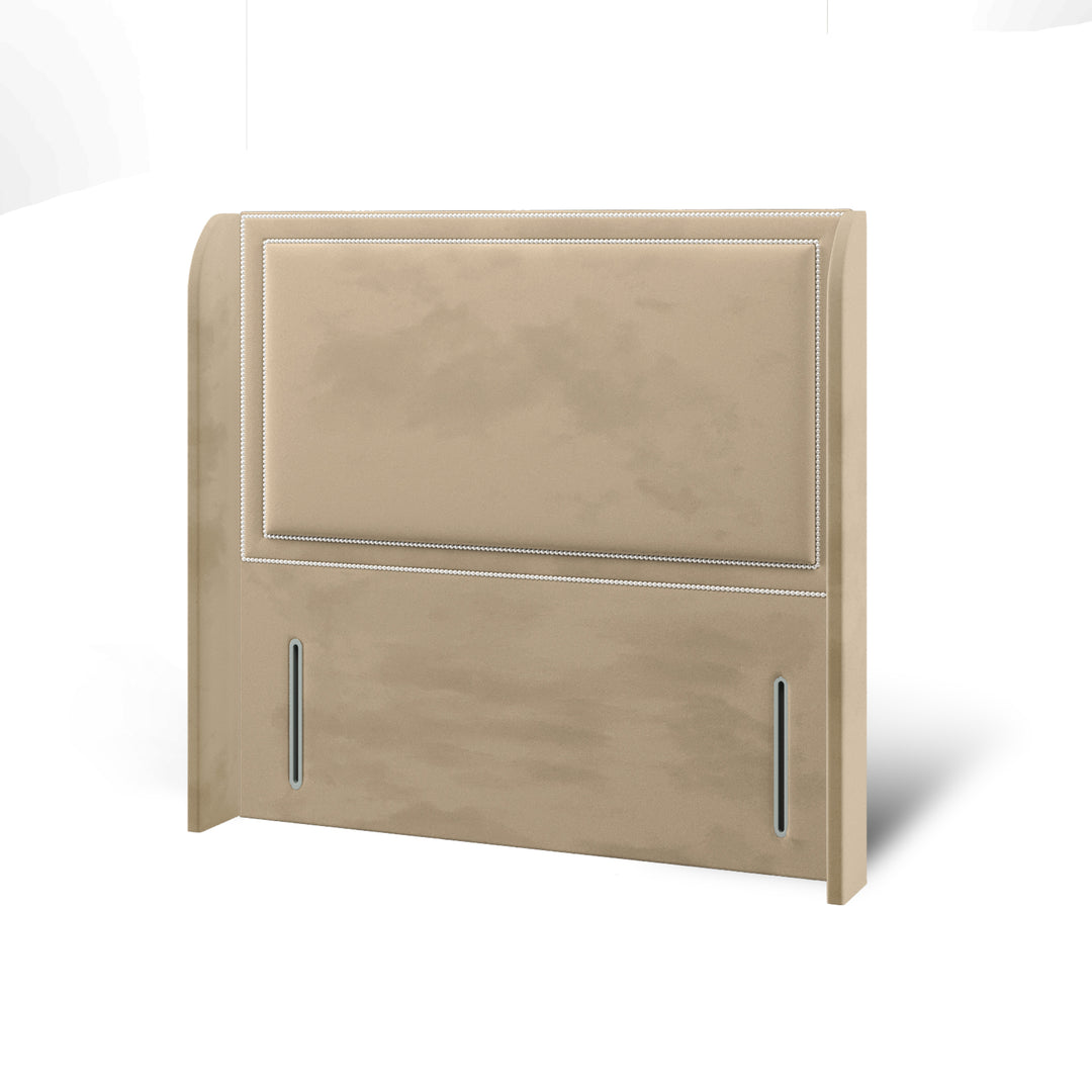Plain Studded Border Fabric Upholstered Top Curve Winged Headboard with Ottoman Storage Bed Base & Mattress