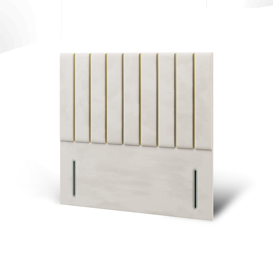 Vertical Panels Gold Strips Fabric Upholstered Floor Standing Headboard with Ottoman Storage Bed Base & Mattress