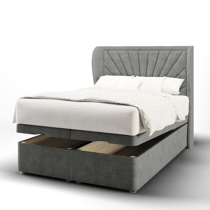 Sunrise Fabric Upholstered Middle Curve Winged Headboard with Ottoman Storage Bed Base & Mattress