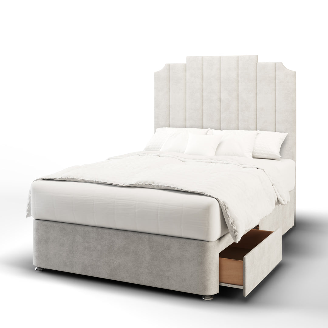 Art Deco Fabric Upholstered Floor Standing Headboard with Divan Bed Base & Mattress