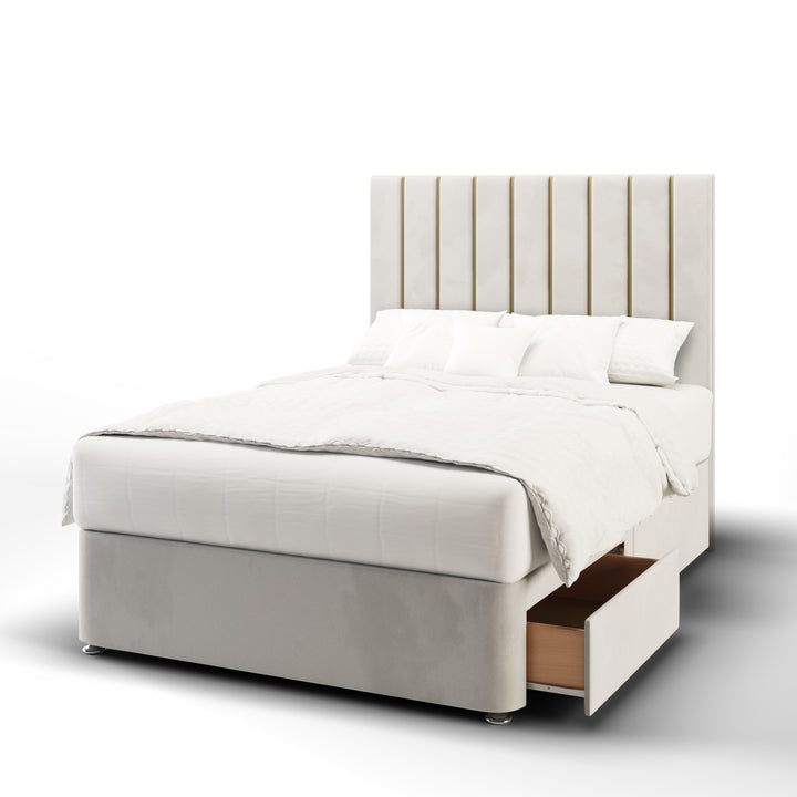 Vertical Panels Gold Strips Fabric Upholstered Floor Standing Headboard with Divan Bed Base & Mattress