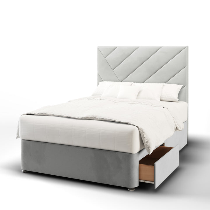 Multi Diagonal Panels Fabric Upholstered Floor Standing Headboard with Divan Bed Base & Mattress