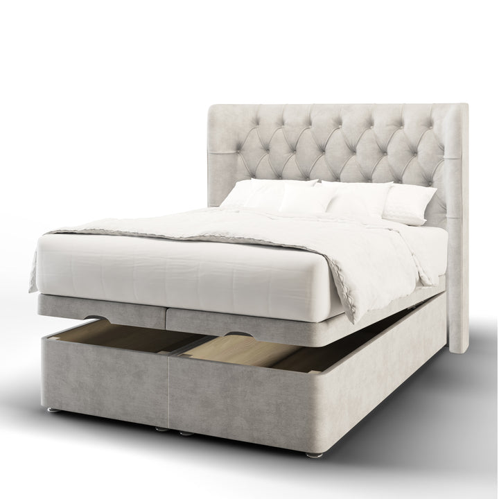 Duke Fabric Upholstered Winged Headboard with Ottoman Storage Bed Base & Mattress