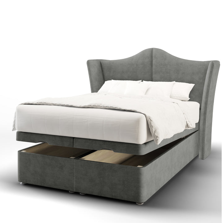 Viera Fabric Upholstered Curved Top Wing Headboard with Ottoman Storage Bed Base & Mattress