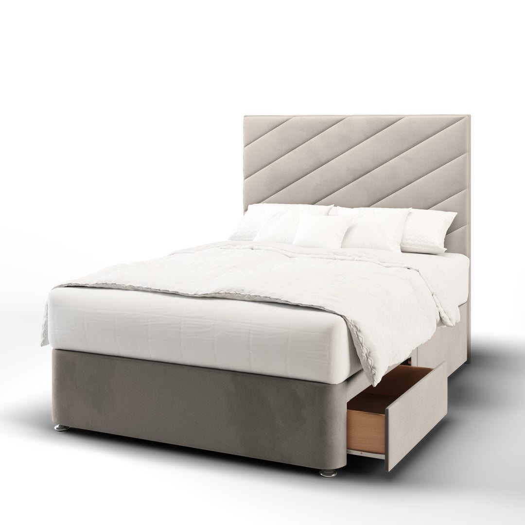 Diagonal Panels Fabric Upholstered Floor Standing Headboard with Divan Bed Base & Mattress