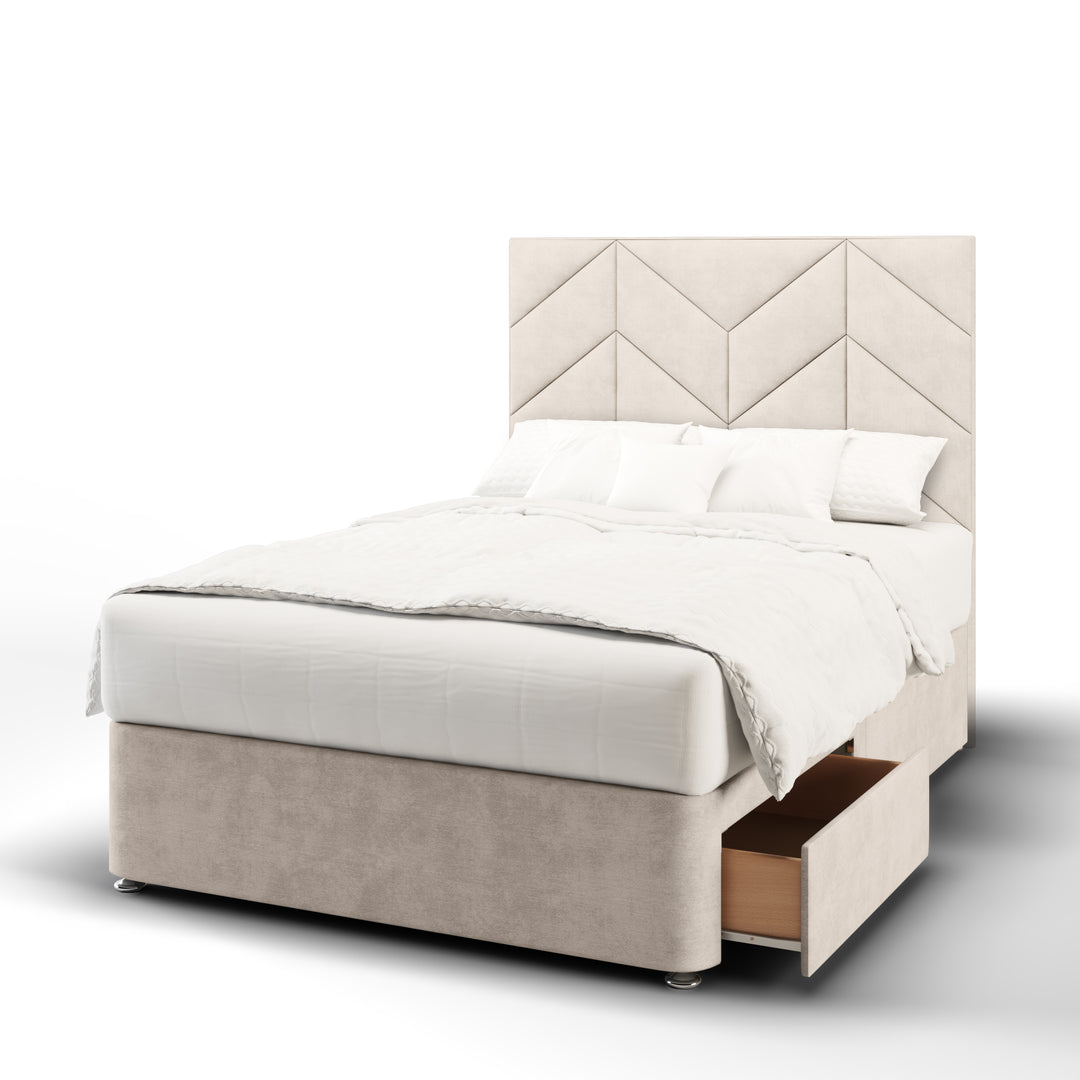 Chevron Incline Fabric Upholstered Floor Standing Headboard with Divan Bed Base & Mattress