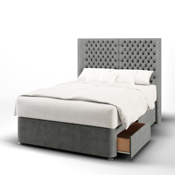 2 Panel Chesterfield Fabric Upholstered Straight Winged Headboard with Divan Bed Base & Mattress