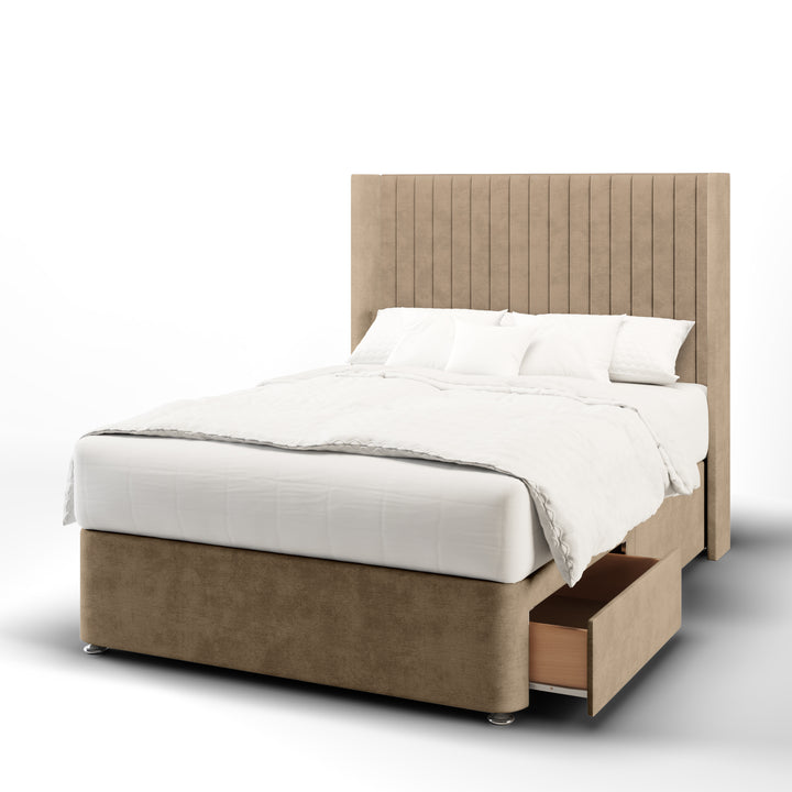 Fluted  Fabric Upholstered Straight Winged Headboard with Divan Bed Base & Mattress