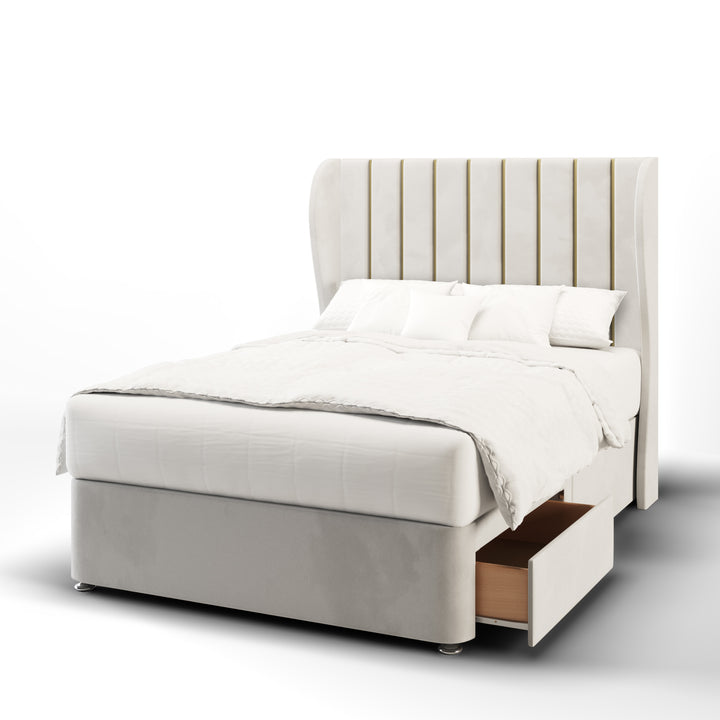Vertical Panels Gold Strips Fabric Upholstered Middle Curve Winged Headboard with Divan Bed Base & Mattress
