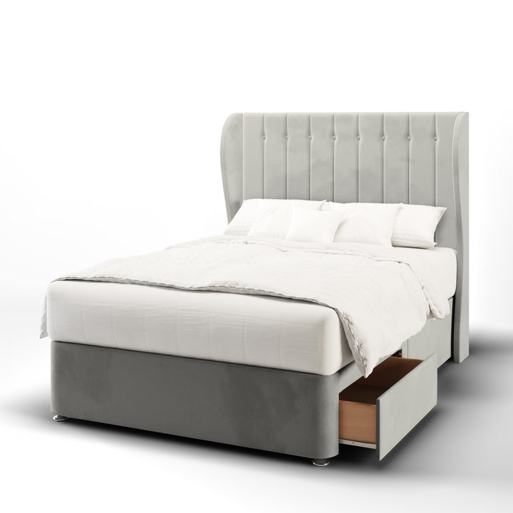 Vertical Panels Buttoned Fabric Upholstered Middle Curve Winged Headboard with Divan Bed Base & Mattress