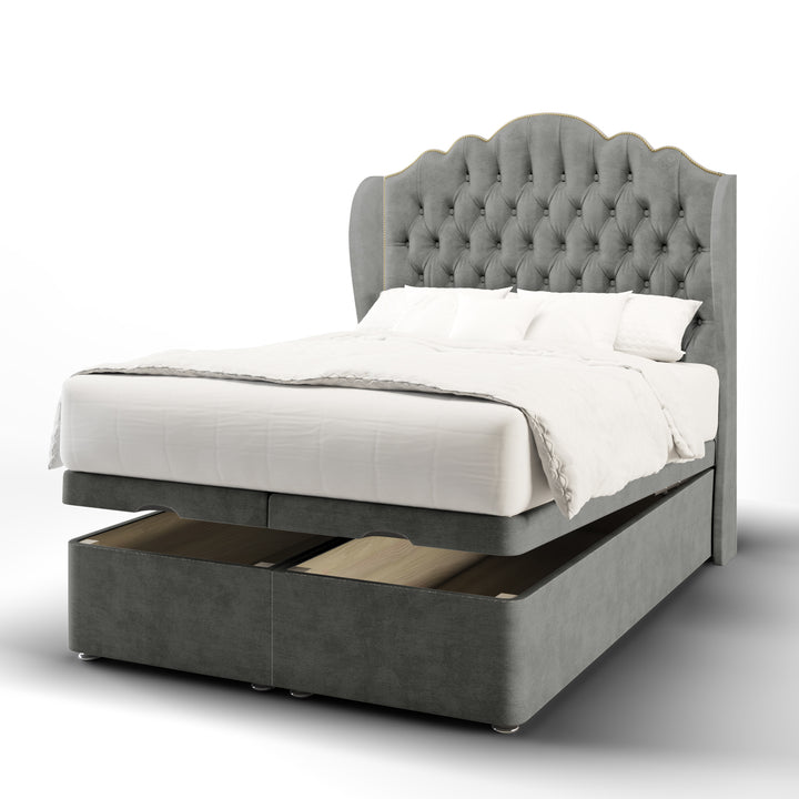 Amelia Chesterfield Fabric Upholstered Middle Curve Winged Headboard with Ottoman Storage Bed Base & Mattress