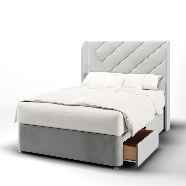 Multi Diagonal Panels Fabric Upholstered Top Curve Winged Headboard with Divan Bed Base & Mattress
