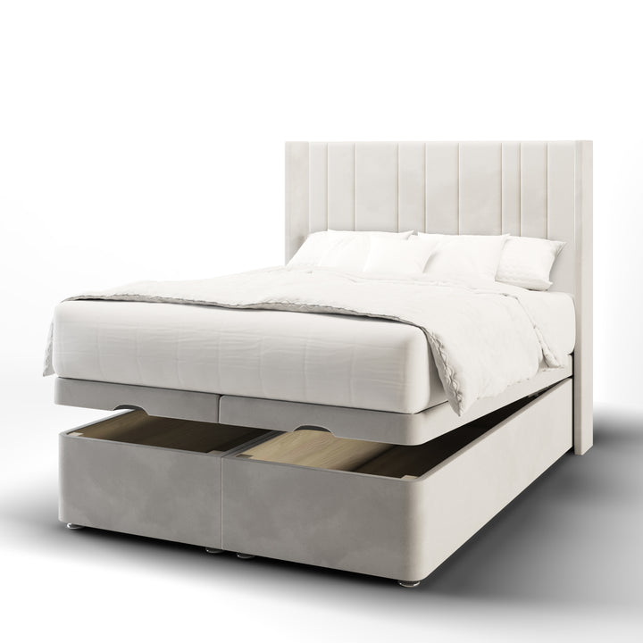 Multi Vertical Panels Fabric Upholstered Straight Winged Headboard with Ottoman Storage Bed Base & Mattress