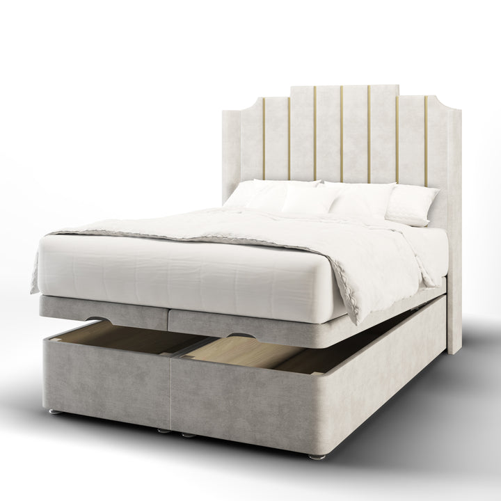 Art Deco Gold Strip Fabric Upholstered Straight Winged Headboard with Ottoman Storage Bed Base & Mattress