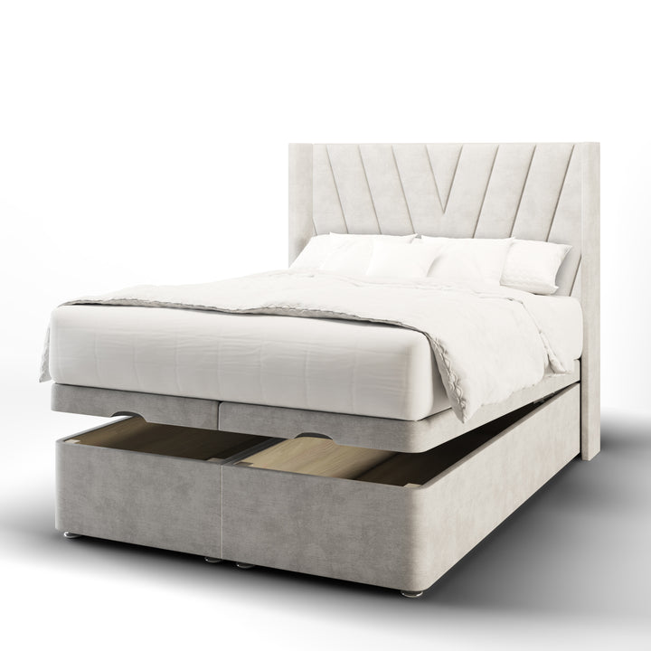 V Design Fabric Upholstered Straight Winged Headboard with Ottoman Storage Bed Base & Mattress
