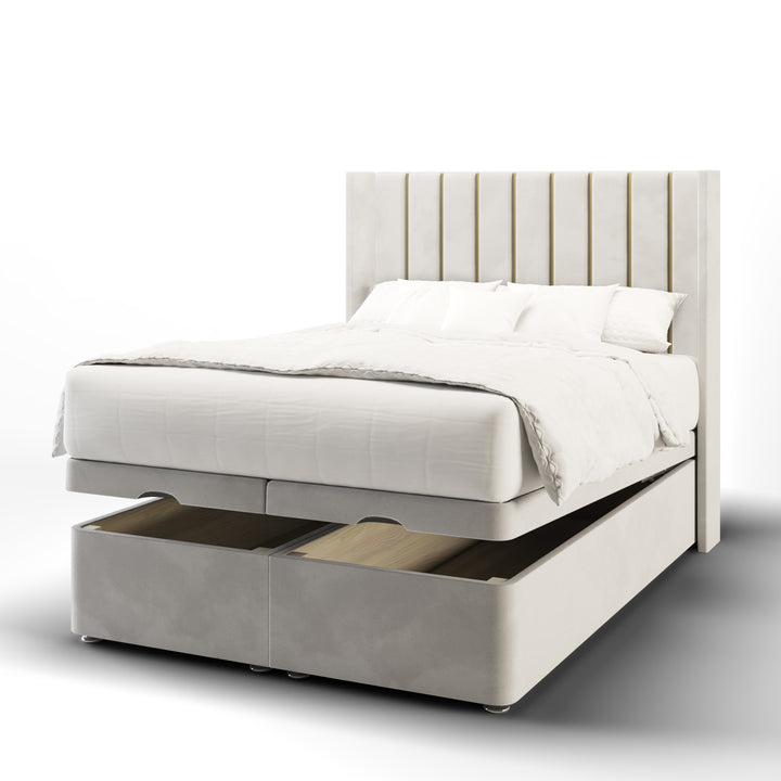 Vertical Panel Gold Strip Fabric Upholstered Straight Winged Headboard with Ottoman Storage Bed Base & Mattress