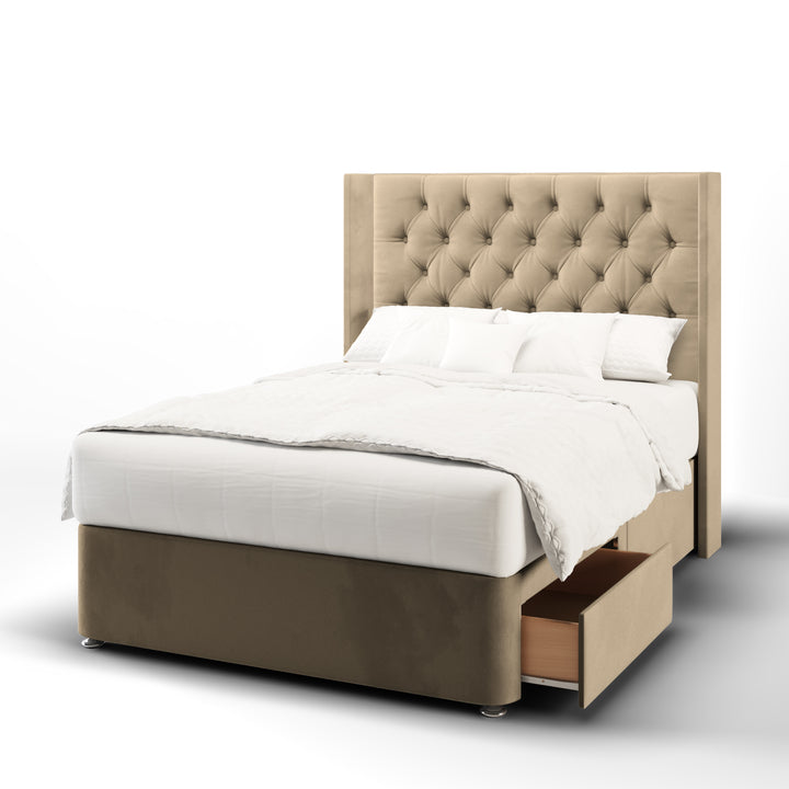 Chesterfield Fabric Upholstered Straight Winged Headboard with Divan Bed Base & Mattress