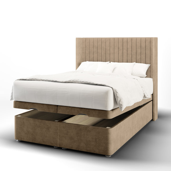 Fluted Fabric Upholstered Straight Winged Headboard with Ottoman Storage Bed Base & Mattress