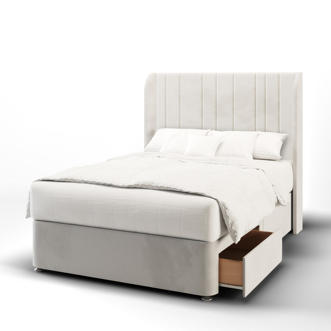 Multi Vertical Panels Fabric Upholstered Top Curve Winged Headboard with Divan Bed Base & Mattress