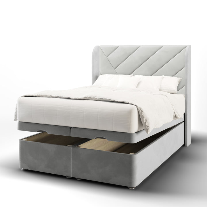 Multi Diagonal Panels Fabric Upholstered Top Curve Winged Headboard with Ottoman Storage Bed Base & Mattress
